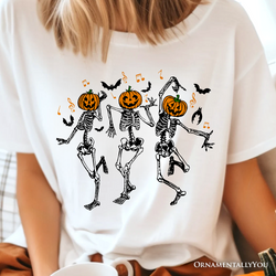 Dancing Skeletons with Pumpkin Head T-Shirt, Dry Bones Come Alive Halloween Fun Tee