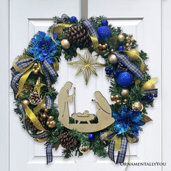 Decorous Nativity Christmas Wreath, Blue and Gold Ribbons and Poinsettias Birth of Christ Door Decoration