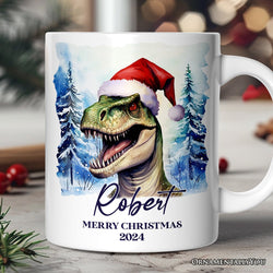 Dinosaur with Santa Hat Personalized Mug, Winter Forest Christmas Gift With Custom Name and Date