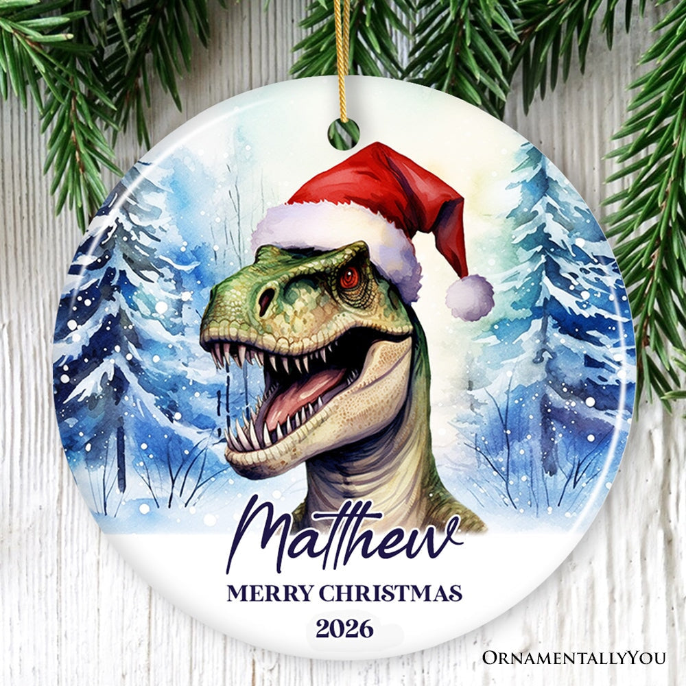 Dinosaur with Santa Hat Personalized Ornament, Winter Forest Christmas Gift With Custom Name and Date