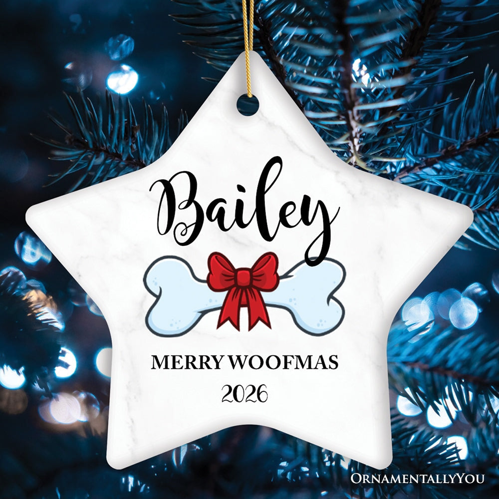 Dog Personalized Merry Woofmas Ornament With Bone, Custom Name and Date Puppy Gift