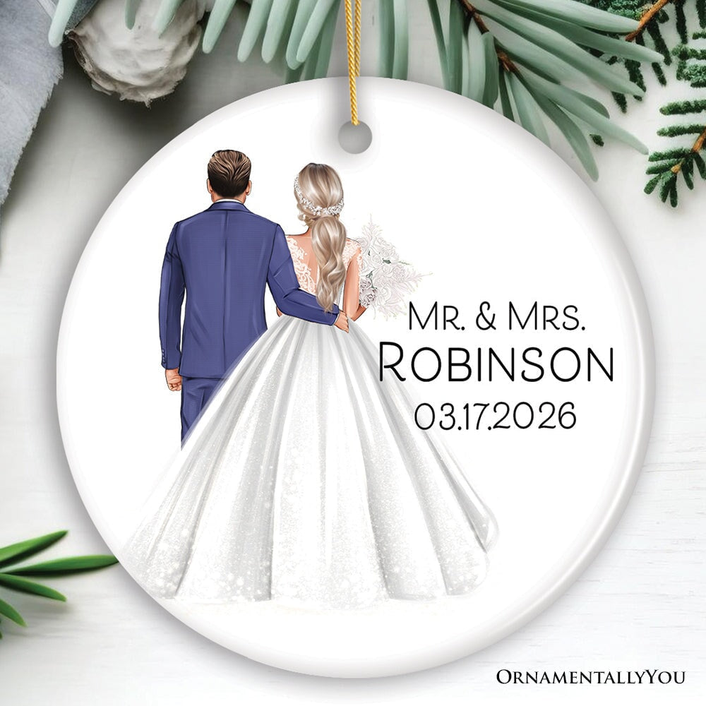 Elegant Wedding Bride and Groom Personalized Ornament, Marriage Ceremony Customized Gift