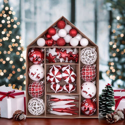 Endearing Prominent Red and White Christmas Ornament Set, Bauble Bundle with Candycane Colors and Patterns 70 Pieces