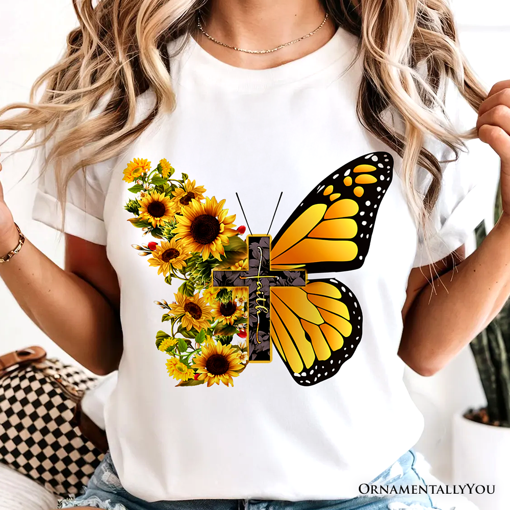 Faith Cross Butterfly T-Shirt, Christian Sunflower Floral Tee