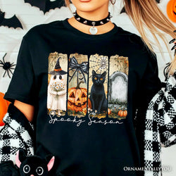 Fall Spooky Season Brushstroke T-Shirt, Coquette Vintage Ghost, Cat and Pumpkin Tee