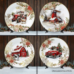 Farmhouse Christmas Set of 4 Plates with Real Gold Elements, Holiday Tableware Collection for Salad, Dessert, Appetizer, and Side Plates