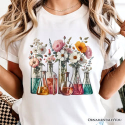 Floral Science Lab Beakers T-Shirt, Flowers Chemistry Scientist Tee