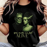 Frankenstein And Bride You Make Me Feel Alive T-Shirt, Valentine Retro Horror Couples Love Tee