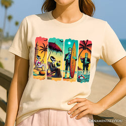 Frankenstein's Beach Vacation T-Shirt, Retro Neon Surf Style Tee for Horror Fans with Summer Vibes