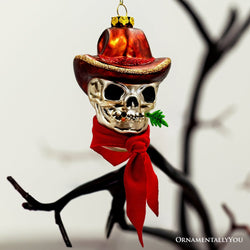 (Pre-Order) Vintage Ol Western Cowboy Skull Glass Ornament, Gothic Skeleton Wild West Tree Decor