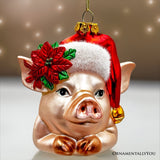 (Pre-Order) Charming Pig with Santa Hat Glass Christmas Ornament, Cute Farmhouse Tree Decor