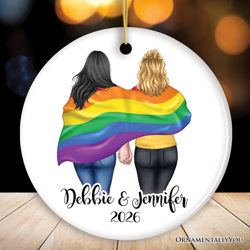 Gay Pride Women Couple with Rainbow Flag Personalized Christmas Ornament, LGBT and Lesbian Activism