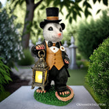 Gentleman Opossum the Victorian Nightcrawler with Solar Powered Lamp Statue, 13" Lighted Garden Statue