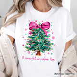 Glitter Christmas Tree Coquette Bow T‑Shirt, O Come Let Us Adore Him Holiday Tee