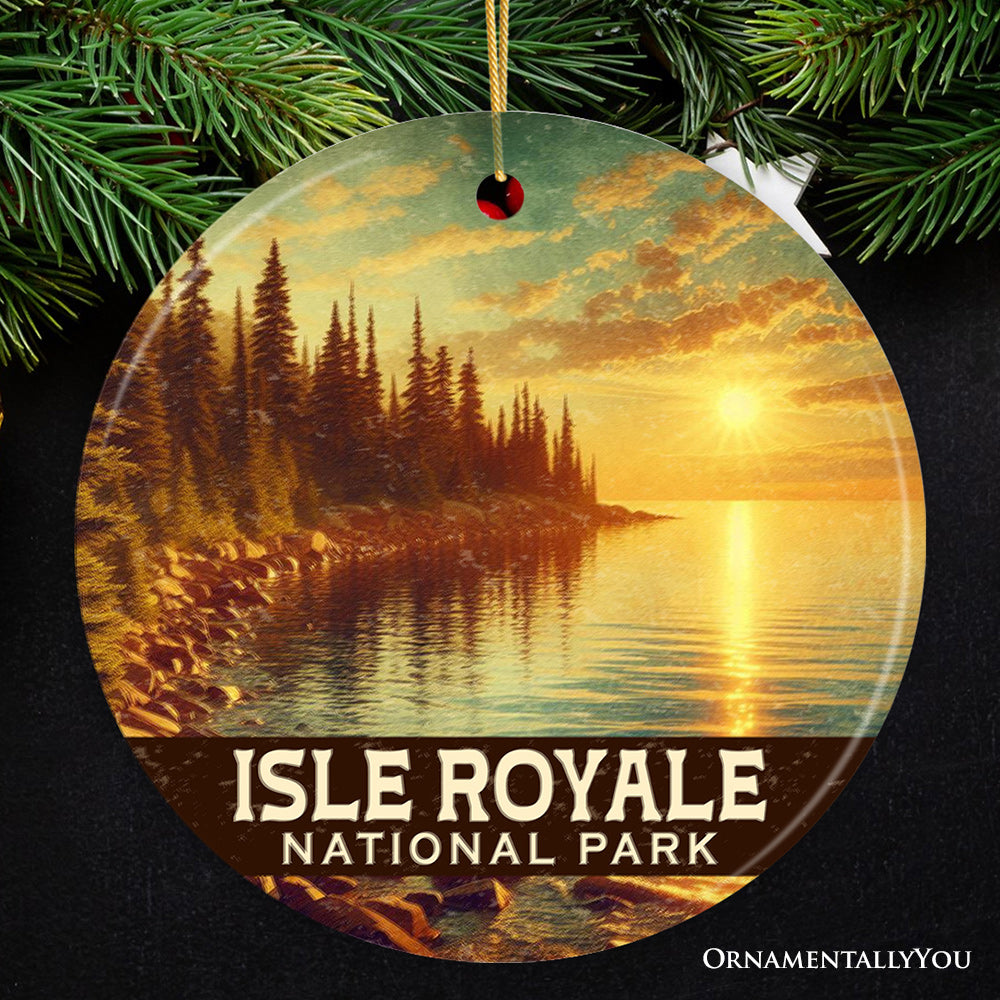 Golden Isle Royale National Park Ornament, Michigan Lake Superior Sunset Shoreline Christmas Gift and Remote Island Wilderness Keepsake