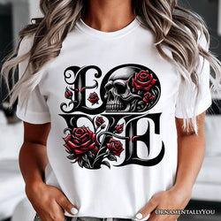 Gothic Love Skull Roses T-Shirt, Dark Valentine Romance Tee