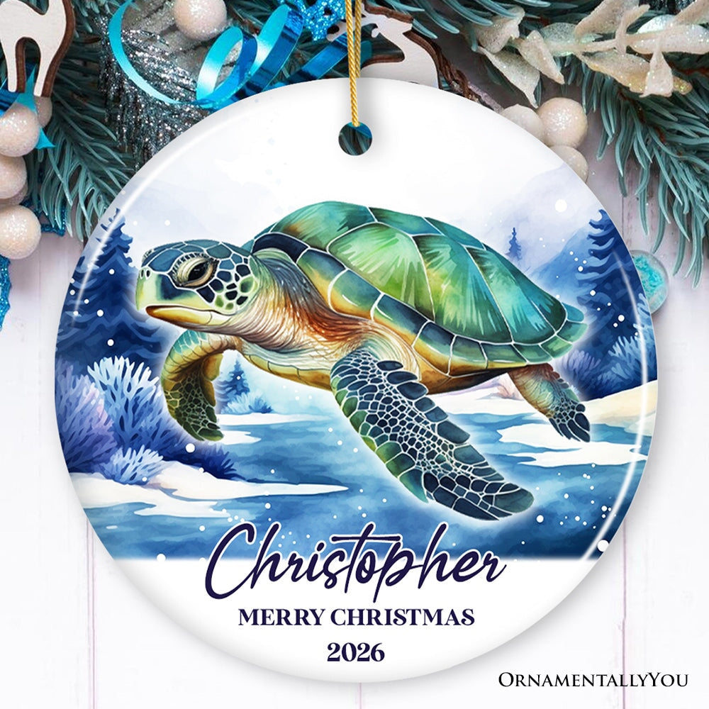 Green Turtle Personalized Ornament, Festive Christmas Gift With Custom Name and Date