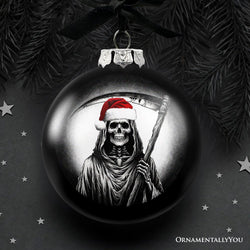Grim Reaper Christmas Spooky Portrait Glass Ornament, Black Horror Halloween Tree Decoration