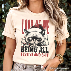 Grumpy Christmas Cat T‑Shirt, Funny Santa Hat Holiday Lights Tee for Sarcastic Festive People