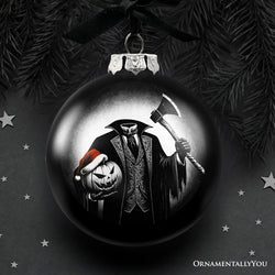 Headless Horseman Spooky Portrait Glass Christmas Ornament, Black Horror Halloween Tree Decoration