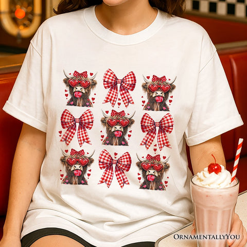 Highland Cow Coquette Bow Valentine T-Shirt, Cute Hearts Western Tee