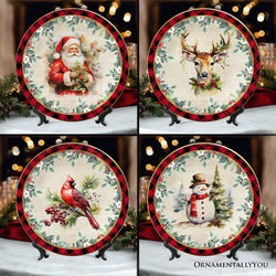 Decor Steals Special -  Holiday Cheer Set of 4 Plates with Real Gold Plaid Trim, Christmas Tableware Collection for Salad, Dessert, Appetizer, and Side Plates