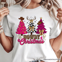 Howdy Pink Christmas Western Christmas T-Shirt, Leopard Print Retro Holiday Tee