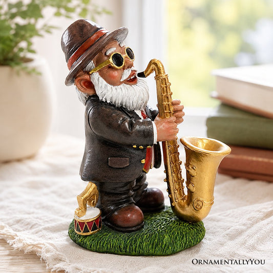 Jazzy Gnome Garden Statue, 8" Music Playing Dwarf Figurine Outdoor Decor