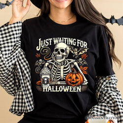 Just Waiting for Halloween T-Shirt, Spooky Skeleton Tee for Autumn Season