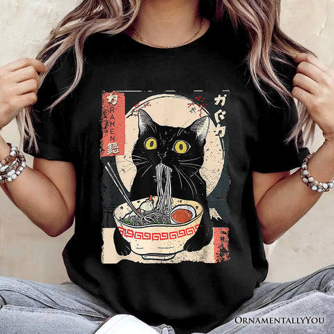 Kawaii Anime Cat Eating Ramen T-Shirt, Noodle Japanese Art Style Tee