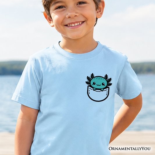 Kids Cute Pocket Blue Axolotl T-Shirt, Salamander Animal Tee for Youth