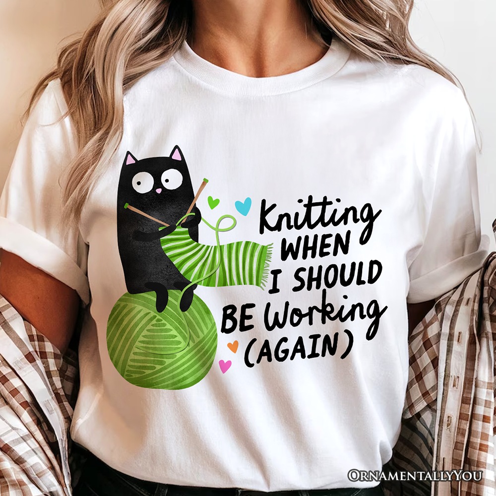 Knitting Black Cat Cute T-Shirt, Funny Working Crafter Phrase Tee