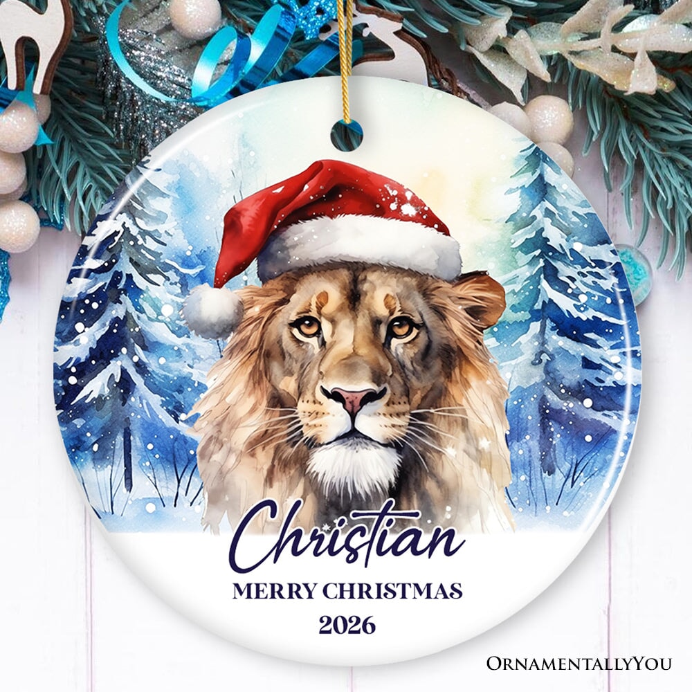 Lion with Santa Hat Personalized Ornament, Winter Forest Christmas Gift With Custom Name and Date