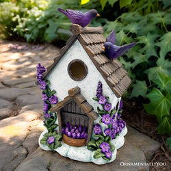 Lovely Floral Lavender Bird House Figurine, 7" Novelty Cottage Garden Decor