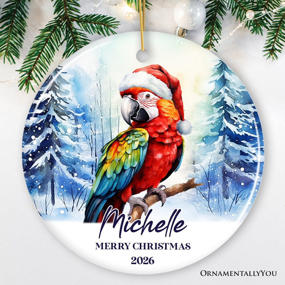 Macaw Parrot with Santa Hat Personalized Ornament, Winter Forest Christmas Gift With Custom Name and Date