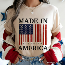 Made In America Bar Code Flag T-Shirt, Patriotic 1776 USA 250th Anniversary Tee