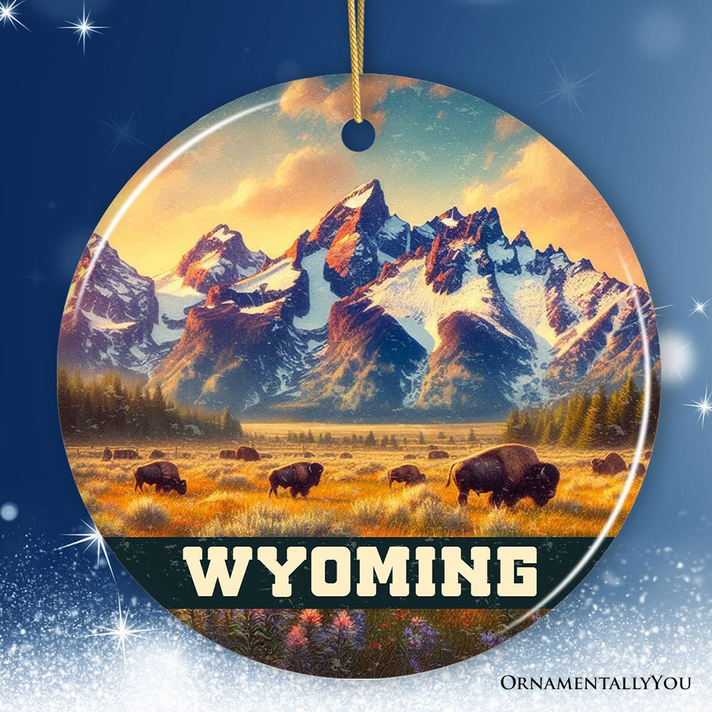 Majestic Wyoming Prairie Ornament, Grand Teton Bison Christmas Gift and Western Landscape Souvenir