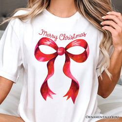 Merry Christmas Red Coquette Bow T‑Shirt, Minimalist Holiday Ribbon Tee for Festive Season