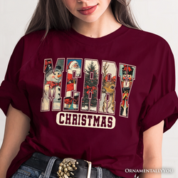 Merry Christmas Vintage T‑Shirt, Santa Tree Reindeer Snowman Nutcracker Tee