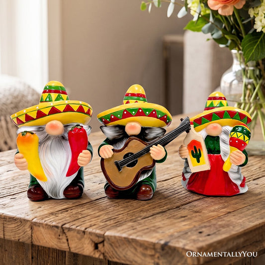 Mexican Gnome Garden Statue Set of 3, 4" Fiesta Dwarf Figurines Outdoor Decor