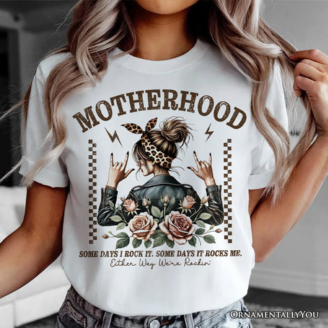 Motherhood Mama Rock T-Shirt, Retro White and Natural Tee for Strong and Rocking Mothers