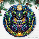 Nocturnal Enchanter Mysterious Owl Stained Glass Style Ceramic Ornament, Halloween Themed Christmas Gift and Decor