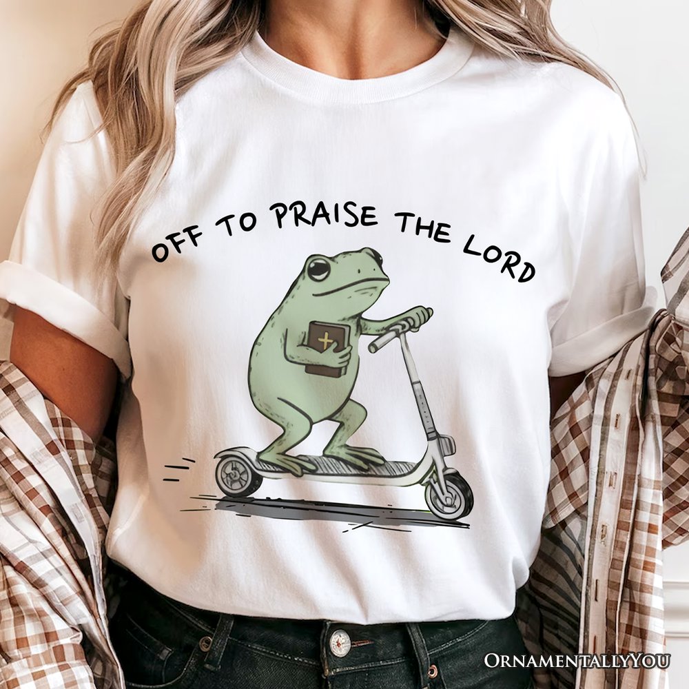 Off to Praise the Lord Funny Frog T-Shirt, Christian Faith Humor Jesus Tee