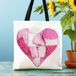 Patchwork-Style Pink Heart Canvas Tote Bag, Vintage Valentine Coquette Love Printed Gift Bag