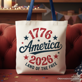 Patriotic America 1776-2026 Land of the Free Canvas Tote Bag, 250 Year Independence Day Celebration Gift