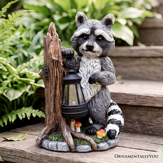 Raccoon Solar Lamp Garden Statue, 9" Lighted Animal Figurine Outdoor Decor