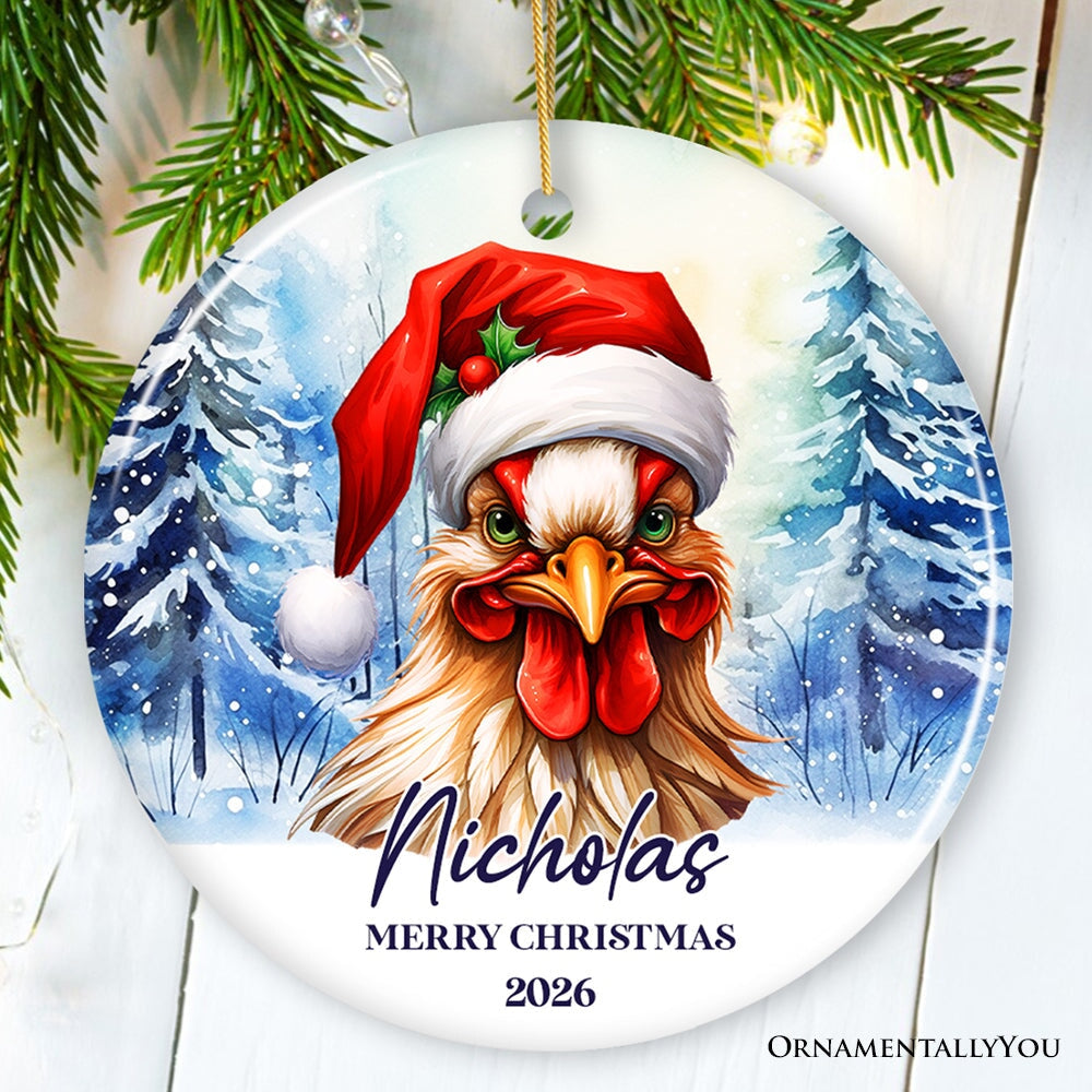 Rooster with Santa Hat Personalized Ornament Winter Forest Christmas Gift With Custom Name and Date