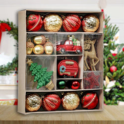 Rustic Christmas Adventure Ornament Bauble 60 Piece Set, Camping Truck, Acorns, Woods Theme