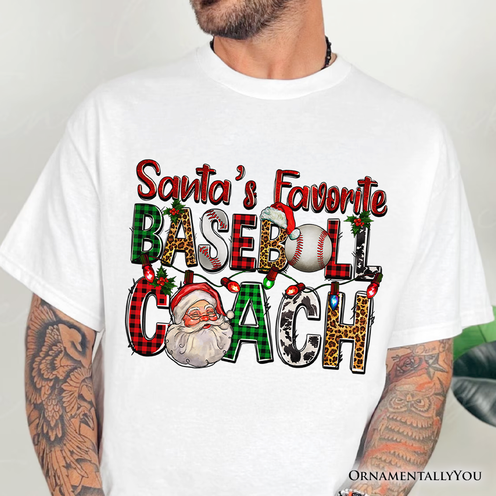 Santa’s Favorite Baseball Coach Plaid Christmas T-Shirt, Sports Team Holiday Tee