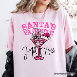 Santa’s Favorite Hot Mess T‑Shirt, Pink Martini Retro Disco Christmas Tee